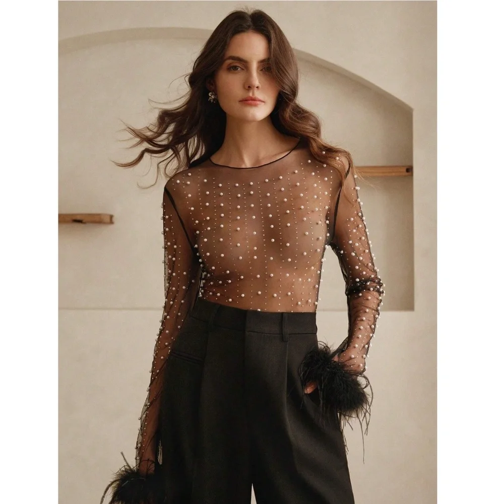 Black Sheer Mesh Long Sleeve Feather Shirt with Faux Pearls Sparkles Beaded - Picture 6 of 15